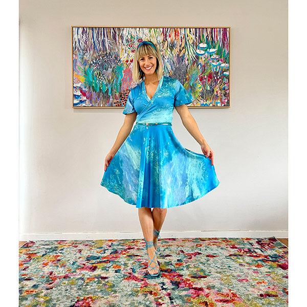 Overlap Shoulder Reef Printed Draped Dress